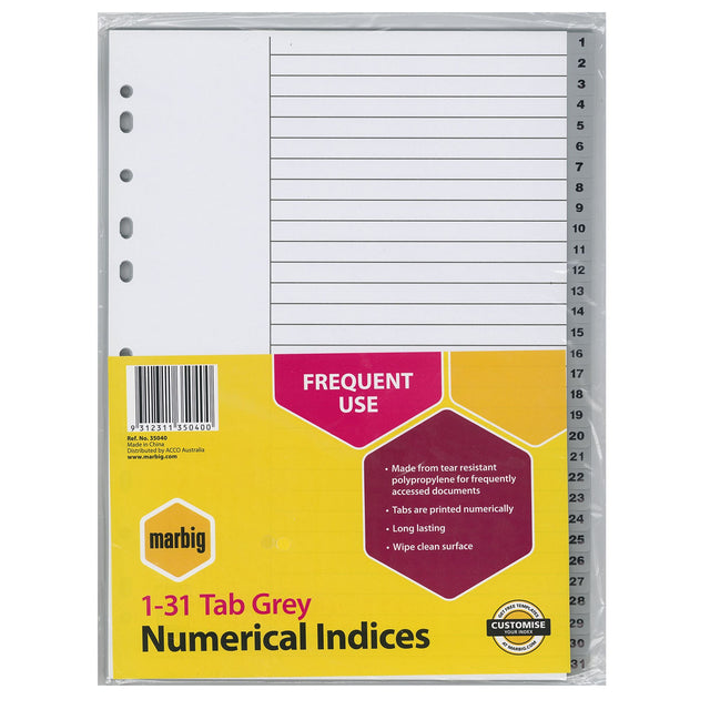 Durable grey polypropylene A4 index tabs numbered 1-31 for efficient organization in binders, waterproof and easy to clean.