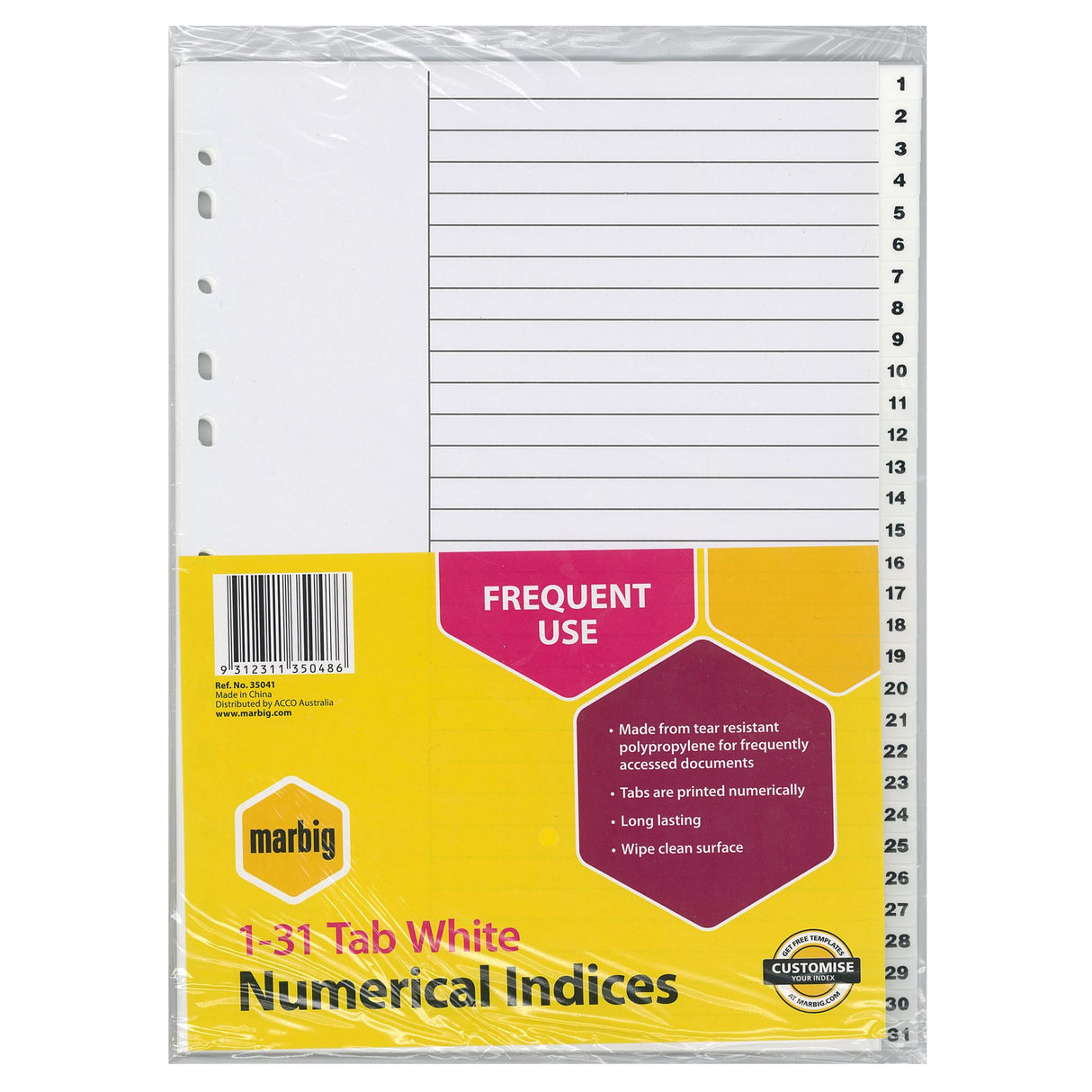 Marbig A4 white polypropylene indices with 1-31 tabs for efficient, durable organizational filing system.