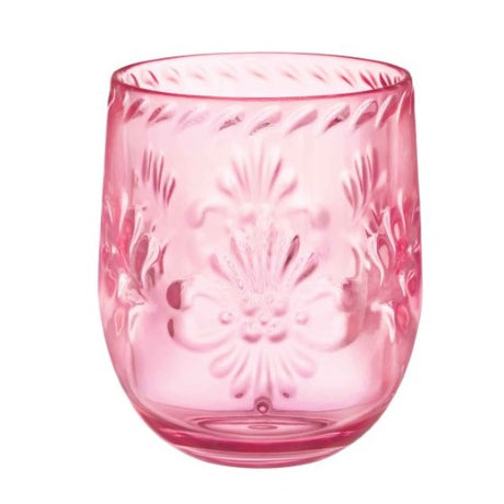 Boho Vibes pink floral stemless wine glass with a debossed finish, perfect for elegant sipping and stylish celebrations.