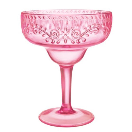 Boho Vibes pink floral margarita glass with debossed finish, ideal for stylish cocktails at any gathering.