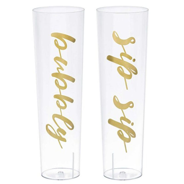 Elegant pack of 2 stemless champagne glasses in clear plastic with gold hot stamping, perfect for celebrations and toasting.