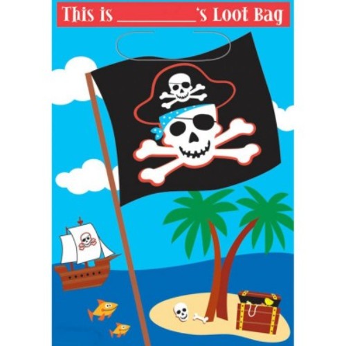 Colorful pirate-themed loot bags for kids' parties, perfect for collecting treats and treasures, pack of 8.