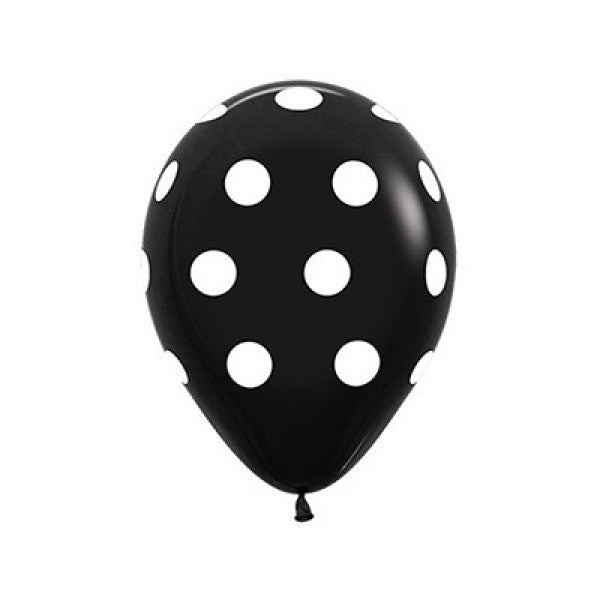 A pack of 12 black latex balloons with white polka dots, perfect for parties and celebrations, measuring 30cm each.