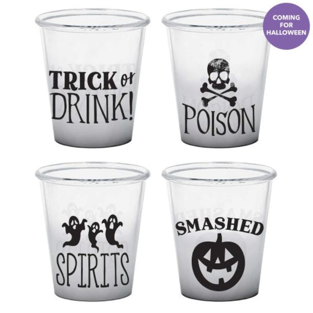 Set of 4 Halloween black and white plastic shot glasses with unique designs, perfect for festive beverages and easy cleanup.