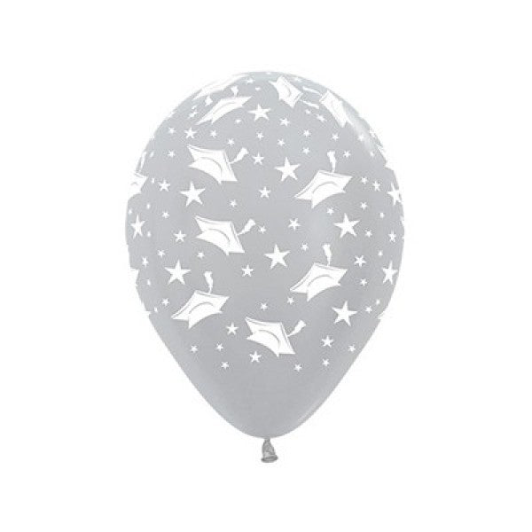 Latex balloons in satin pearl silver featuring graduation hats and stars, perfect for celebrating academic achievements.