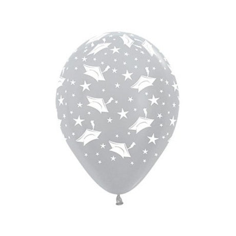 Latex balloons in satin pearl silver featuring graduation hats and stars, perfect for celebrating academic achievements.