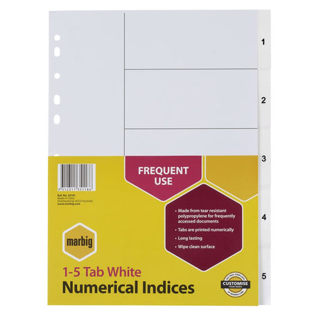 Marbig Indices White PP A4 1-5 Tab Dividers for efficient organization with durable, waterproof material and numbered tabs.