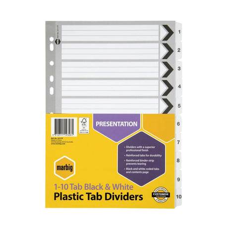 Marbig dividers with 10 reinforced tabs in black/white, perfect for organizing A4 documents stylishly and efficiently.