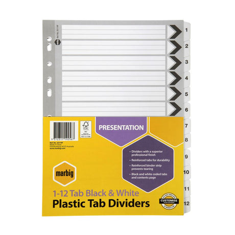 Marbig Reinforced Dividers feature 10 black and white tabs for easy document organization and durable, elegant design.