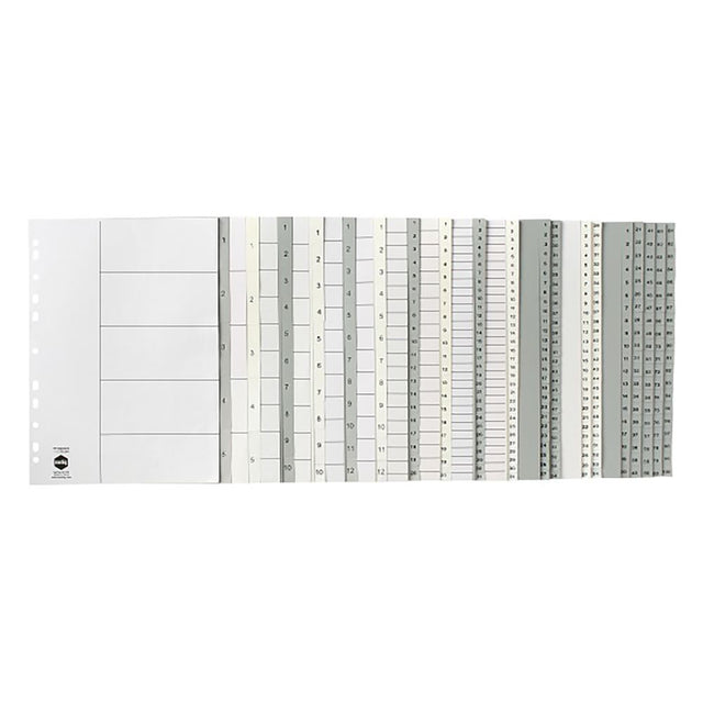 Grey polypropylene A4 dividers with 1-10 tabs, ideal for efficient document organization in any workspace.