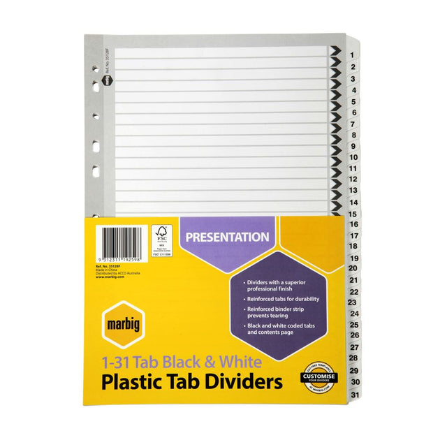 Marbig Reinforced 31 Tab Dividers in Black/White A4, ideal for organizing documents with durable tabs and a Table of Contents.