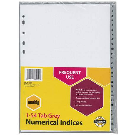 Marbig Grey PP A4 dividers with 1-54 tabs, durable and waterproof for efficient document organization in office or classroom.