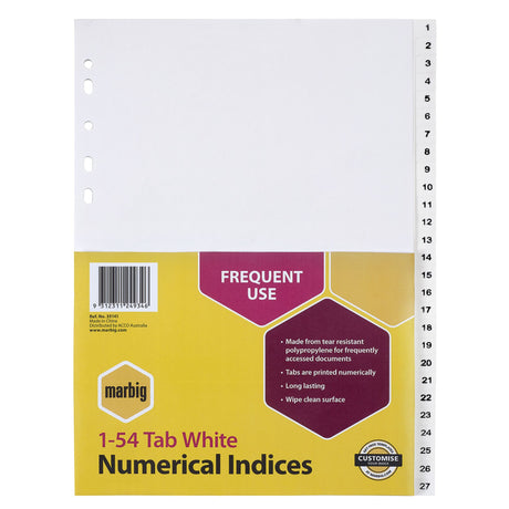 Marbig White PP A4 Indices with 1-54 tabs for organized document management, waterproof and durable for frequent use.