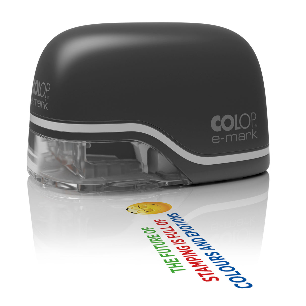 Colop e-mark Mobile Printer in black, a portable device for vibrant custom prints on any absorbent surface, compatible with iOS and Android.