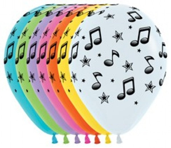 Colorful assorted 12-pack of latex balloons featuring music notes, perfect for music-themed celebrations and decorations.