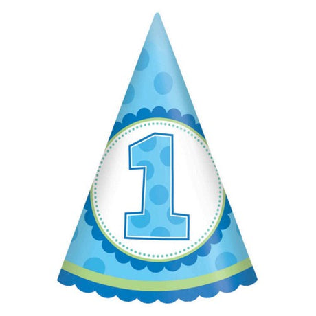 Colorful cone hats for 1st birthday boys, perfect for playful celebrations and memorable photo opportunities, pack of 8.