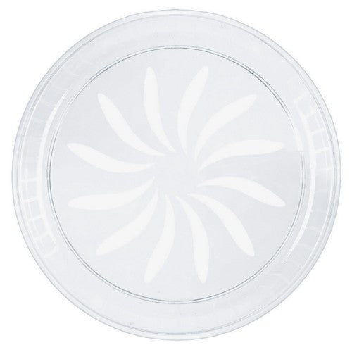 Clear 16-inch plastic swirl platter ideal for serving appetizers and desserts at any event, lightweight yet durable.