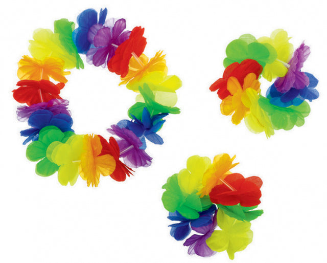 Vibrant Luau 3-pack accessories including leis, floral hair clips, and table decorations for tropical celebrations.