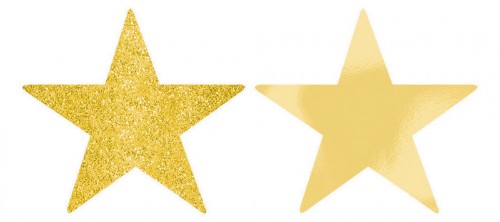 Gold foil and glitter star cutouts, 5 inches, perfect for party decor, crafts, and celebrations, pack of 5.