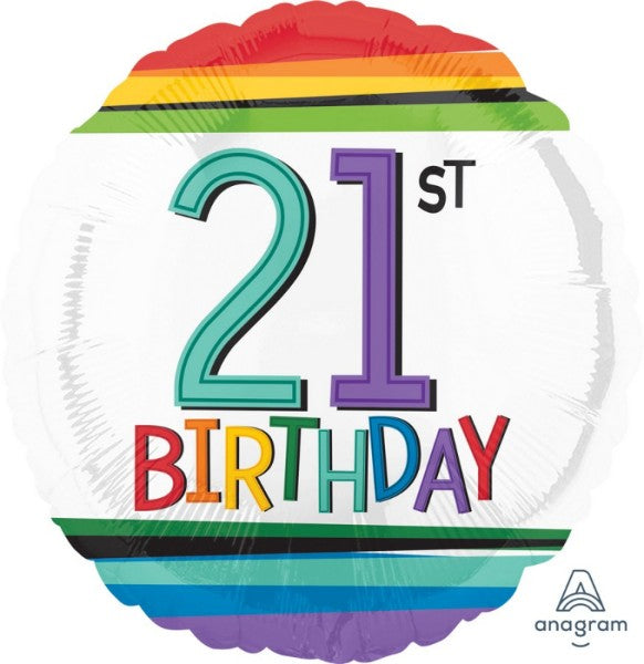 Vibrant 45cm rainbow foil balloon with self-sealing feature, perfect for 21st birthday celebrations.