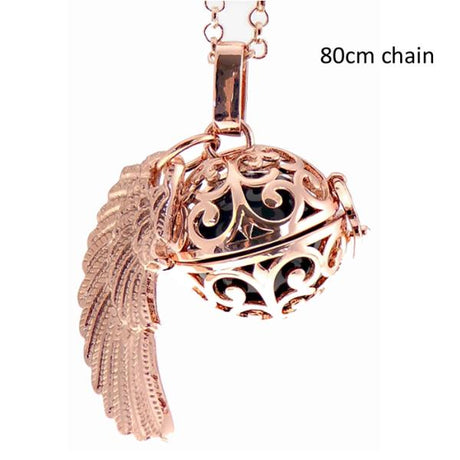 Rose gold Angel Caller Necklace featuring a locket with curls and an angel wing, symbolizing elegance and protection.