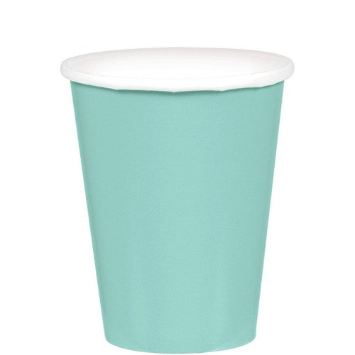 Robin's-egg blue paper cups in a 20-pack, perfect for stylish and sustainable gatherings, holding 266 ml of beverages.