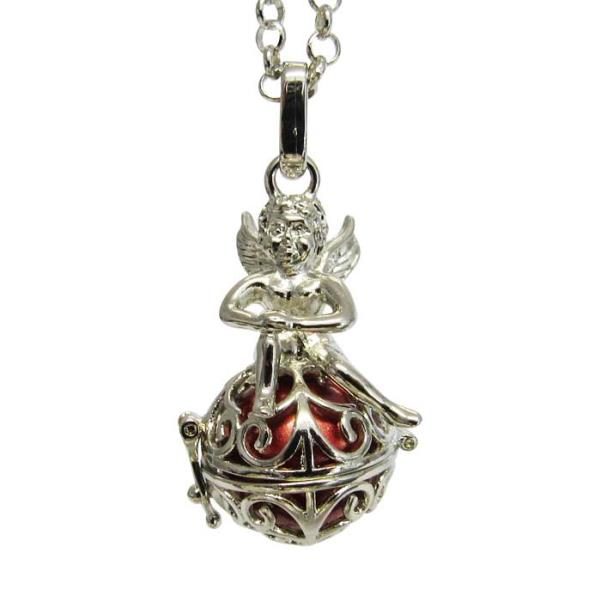 Rhodium-plated Angel Caller Cherub locket on an 80cm chain, symbolizing love and protection, with a whimsical design.