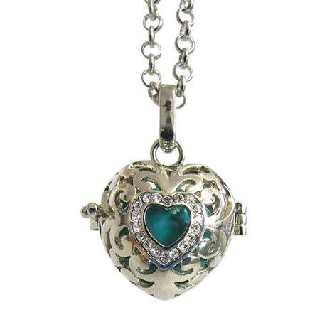 Elegant Angel Caller Diamante Heart locket on an 80cm chain, featuring rhodium plating and intricate diamante design.