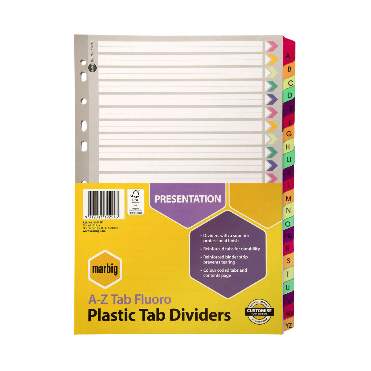 Brightly colored A-Z dividers in reinforced design for organized paperwork, ideal for binders and versatile for office or school use.