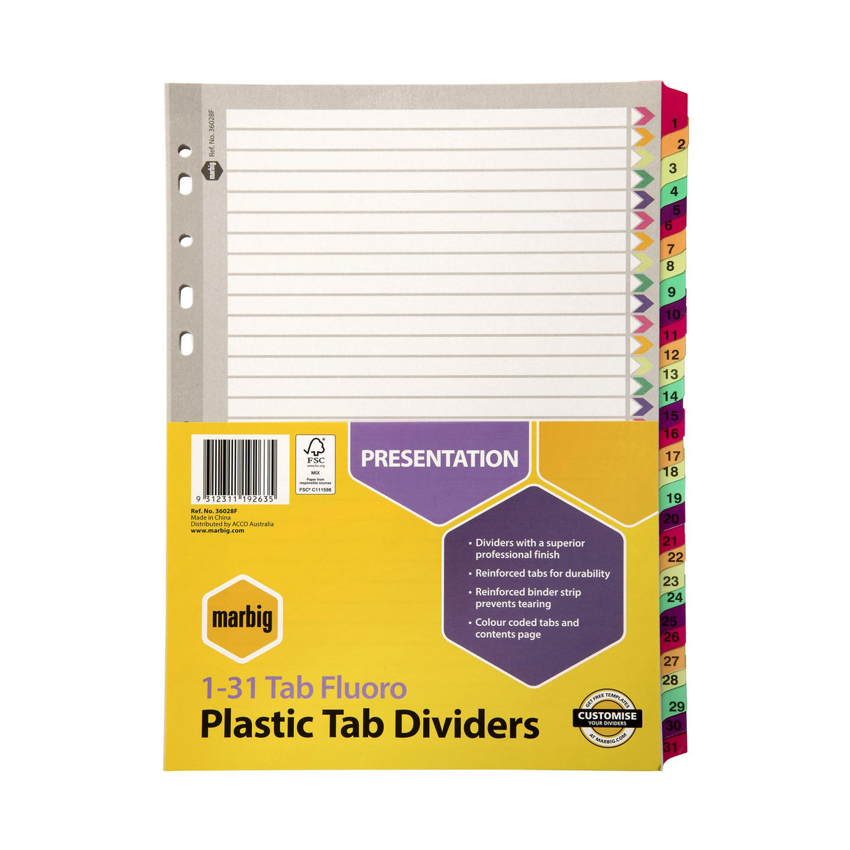 Vibrant A4 dividers with 31 reinforced tabs for efficient document organization in bright fluoro colors.