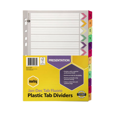 Vibrant Marbig Jan-Dec A4 dividers with durable fluorescent tabs for efficient document organization and quick access.