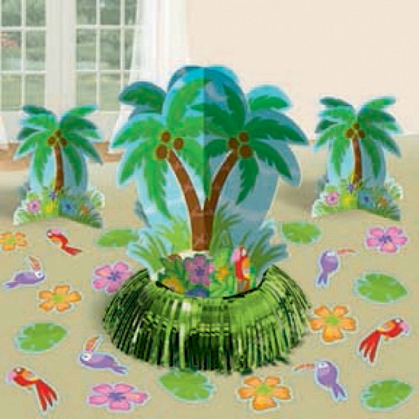 Vibrant Table Decorations Kit with palm tree centerpiece, 3-D printed decor, and colorful confetti for tropical-themed parties.