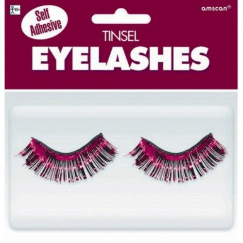 Burgundy Tinsel Eyelashes featuring vibrant tinsel accents, perfect for dramatic eye looks and special occasions.