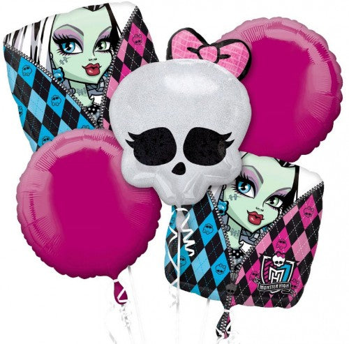 Colorful Monster High balloon bouquet featuring 1 unique shape and 4 standard balloons, perfect for themed celebrations.