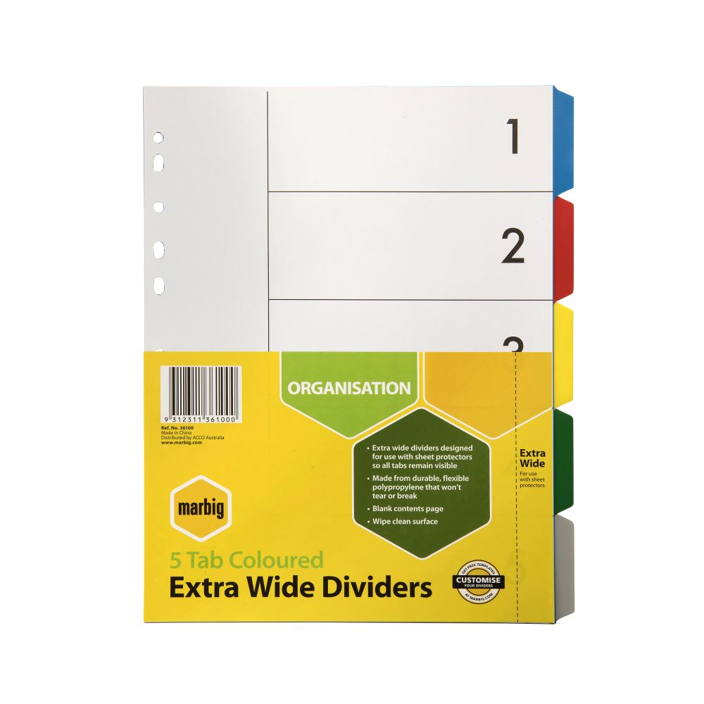 Marbig Xwide Clear A4 dividers with 5 customizable tabs, made from durable polypropylene for efficient document organization.