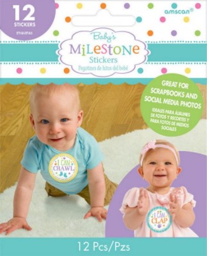 Colorful pack of 12 baby milestone stickers to celebrate and document your baby's first year memories.