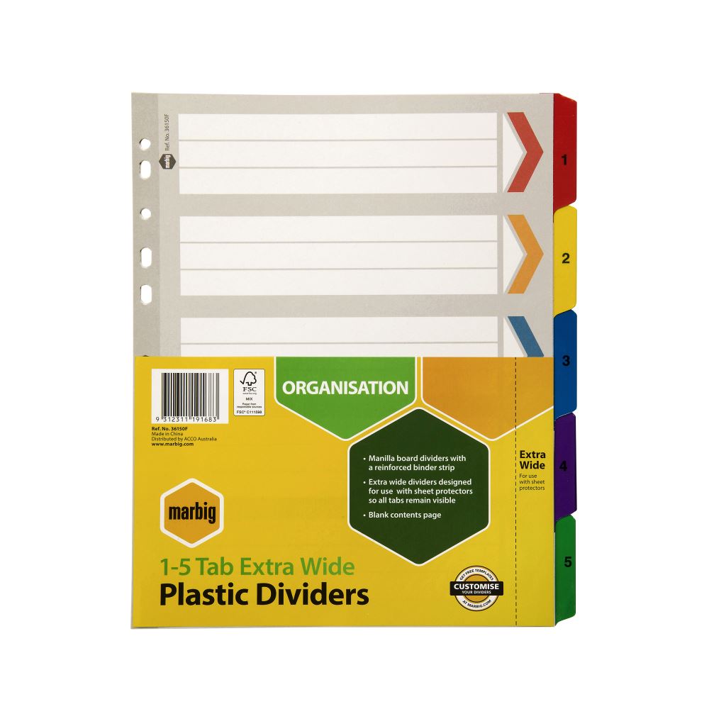 Marbig A4 board dividers with reinforced tabs, customizable 1-5 tabs, durable manilla design, and vibrant colors for organization.