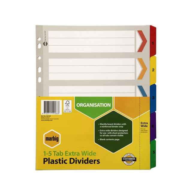 Marbig A4 board dividers with reinforced tabs, customizable 1-5 tabs, durable manilla design, and vibrant colors for organization.