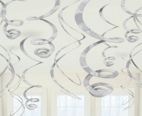 Elegant silver plastic swirl decorations, 22 inches long, perfect for adding sparkle to any celebration; pack of 12.