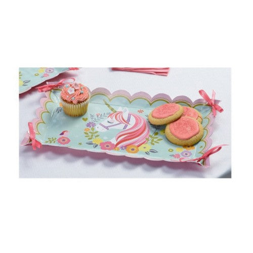 Magical unicorn paper trays with ribbon, perfect for themed parties, measuring 8" x 14", pack of 2 for serving treats.