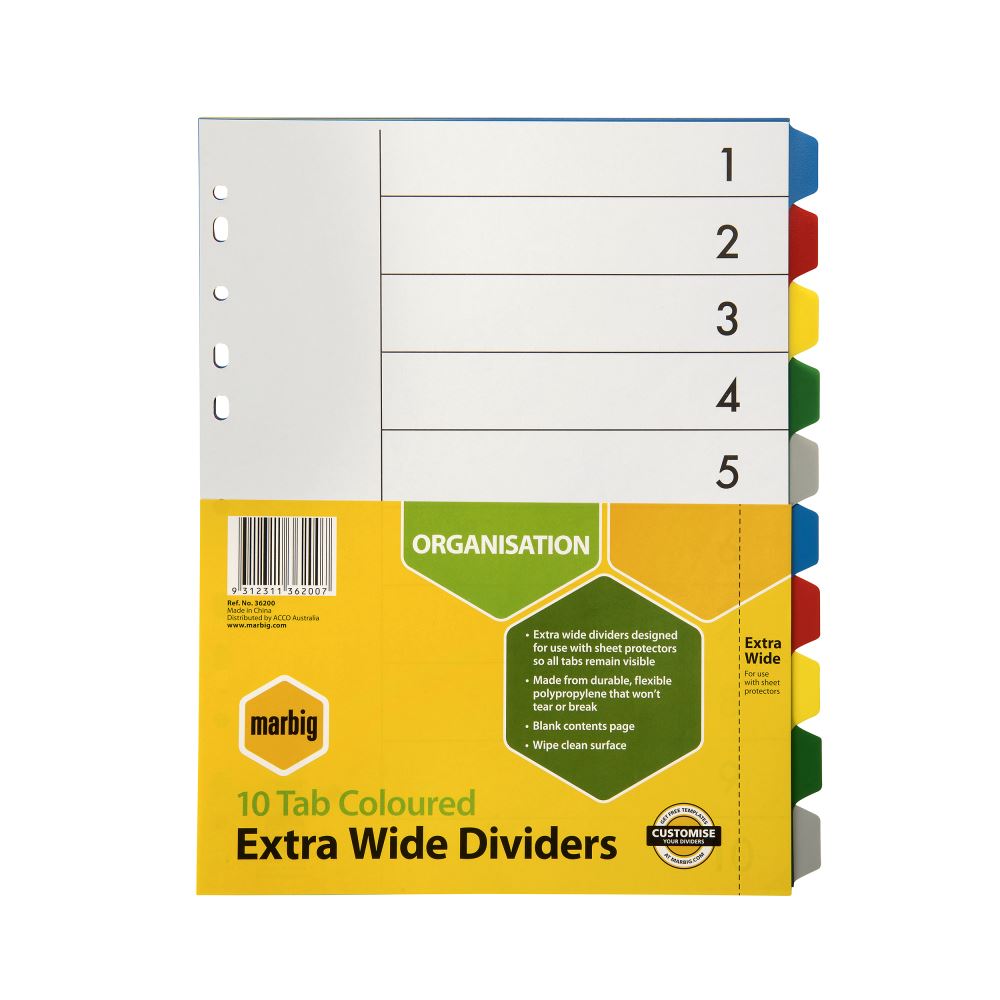 Extra wide A4 dividers with 10 tab system for optimal organization, featuring colorful tabs and durable polypropylene material.