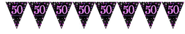 Vibrant pink plastic pennant banner measuring 4m, perfect for enhancing festive celebrations with prismatic effects.