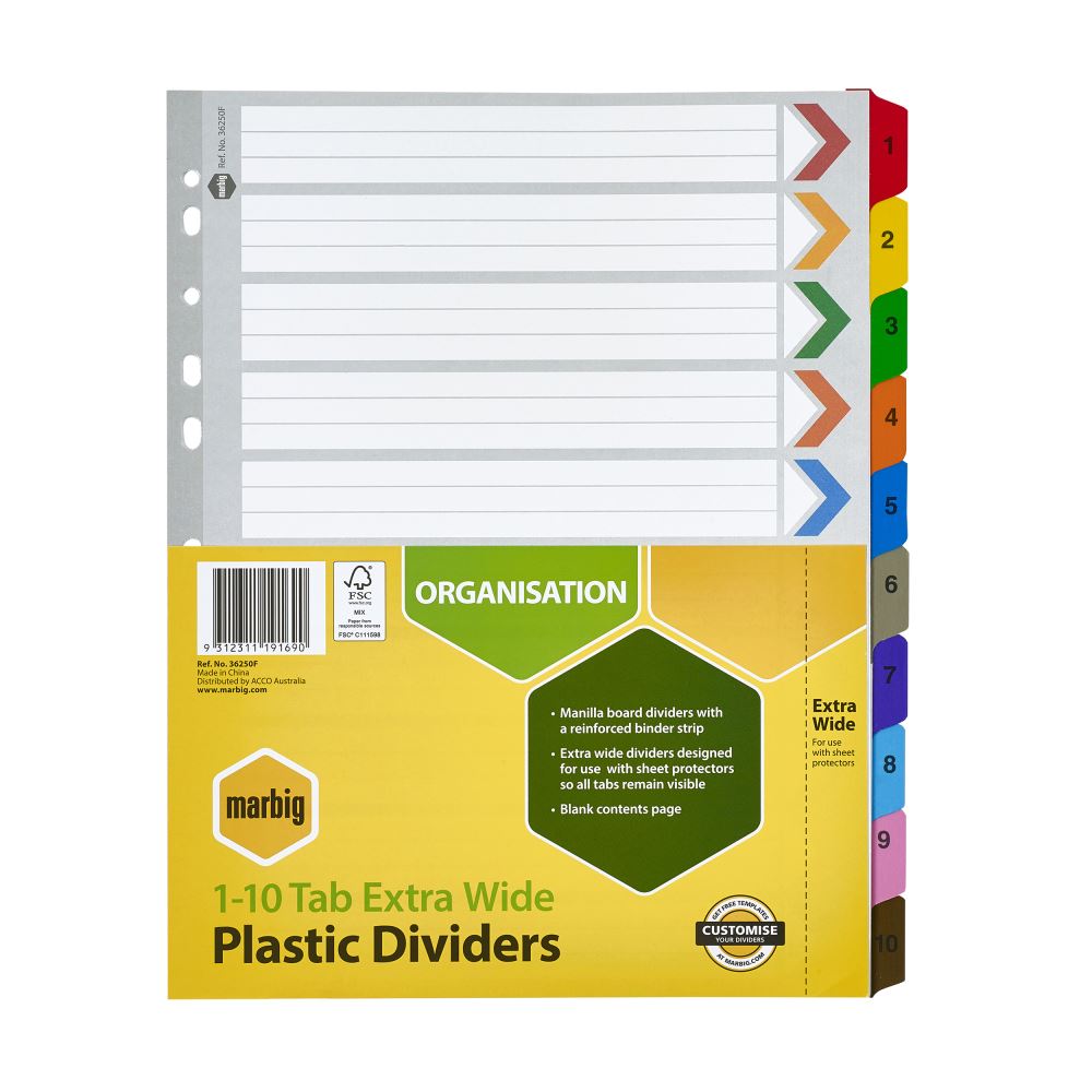 Colorful Marbig A4 Board dividers with 1-10 tabs, designed for easy organization and compatibility with sheet protectors.