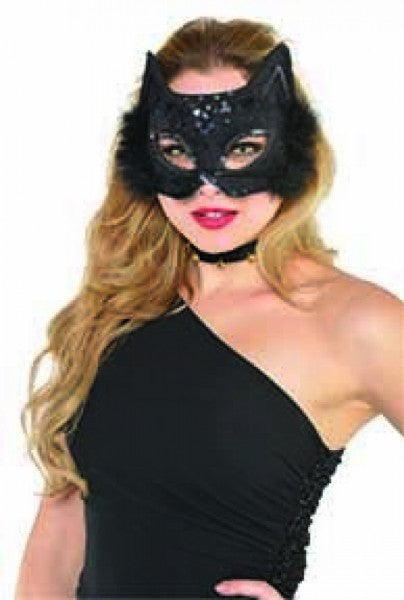 Elegant black cat mask with feather marabou accents, perfect for costumes and themed events.