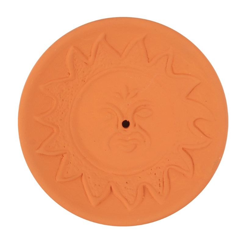 Sun Terracotta Incense Plate featuring a sun design, perfect for meditation and home fragrance, 9x9 cm size.