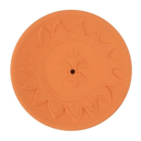 Sun Terracotta Incense Plate featuring a sun design, perfect for meditation and home fragrance, 9x9 cm size.