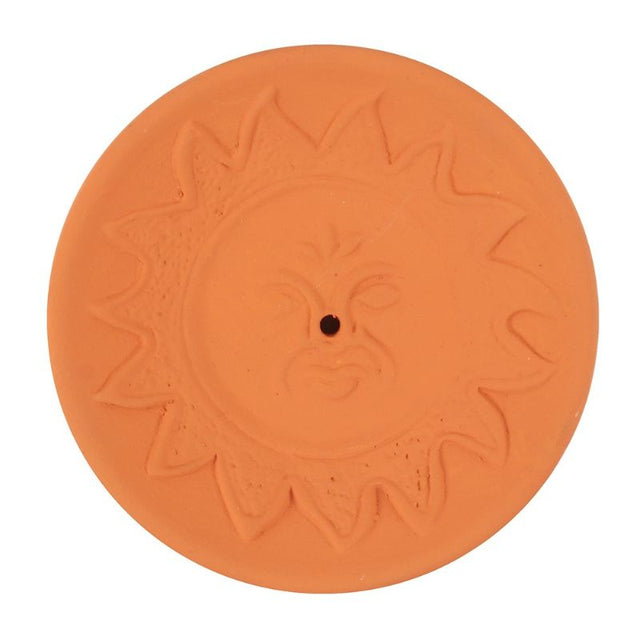 Sun Terracotta Incense Plate featuring a sun design, perfect for meditation and home fragrance, 9x9 cm size.