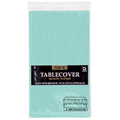 Plastic rectangular tablecover in Robin's-Egg Blue, 54" x 108", ideal for parties, easy to clean, and protects tables.