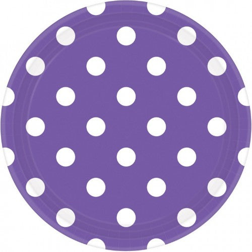 Vibrant New Purple Dots Round Plates set of 8, 17CM, stylish and practical for all dining occasions.