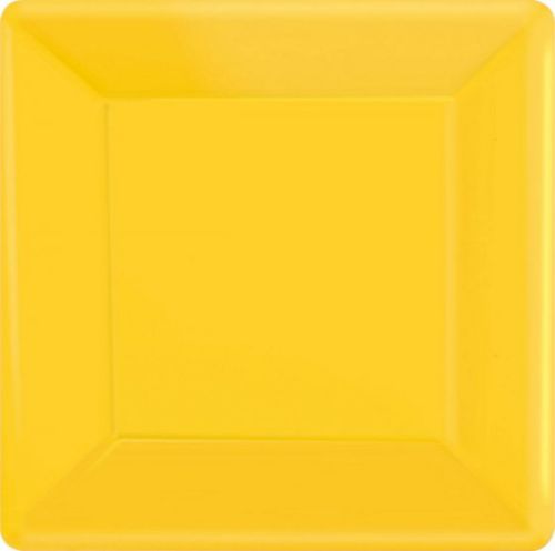 Vibrant 26cm square yellow paper plates, pack of 20, perfect for parties and eco-friendly celebrations.